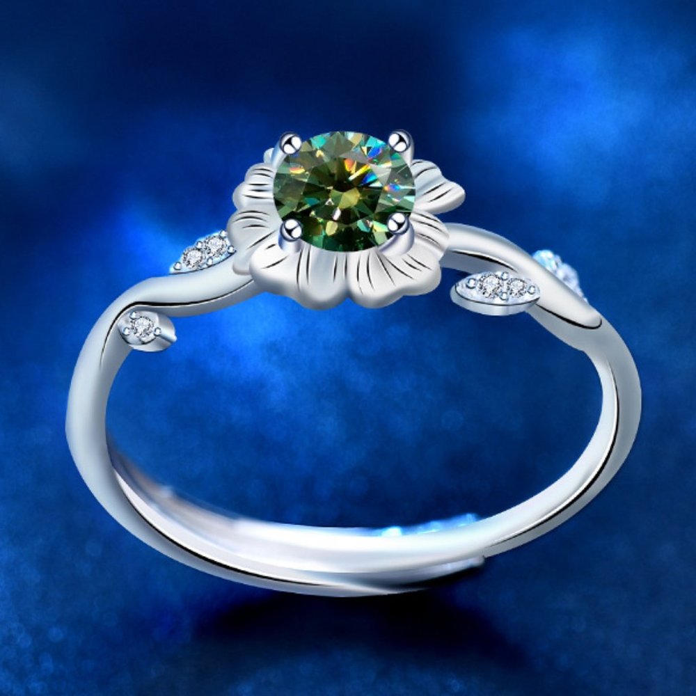 Certified 1/2ct. t.w. Green Moissanite Diamond Sunflower Ring NEW - Picture 4 of 8